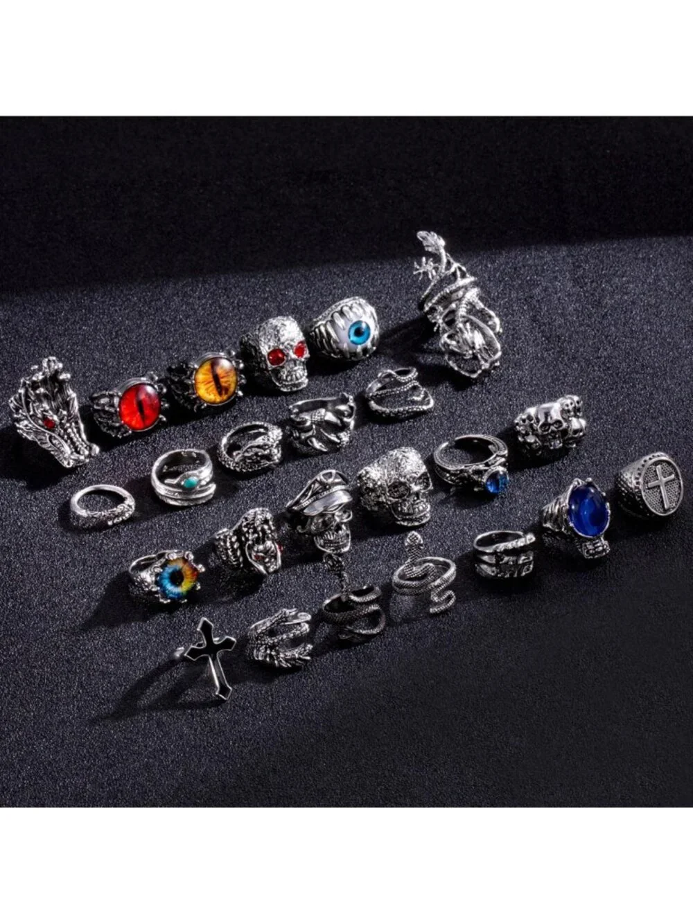 Vintage Punk Gothic Biker Rings Set - 16-24 Pcs Adjustable Skeleton Skull